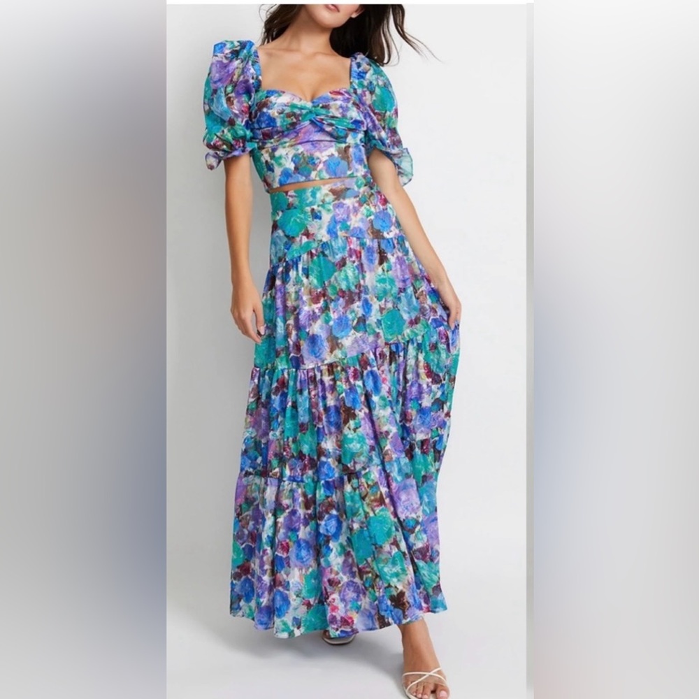 Beulah 2 piece Teal & Purple Floral Puff-Sleeve Maxi Dress Size S. NWT’S